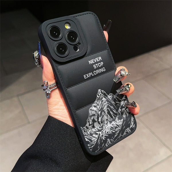 Never Stop Exploring Puffer Phone Case