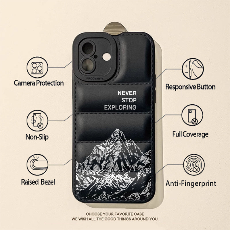 Never Stop Exploring Puffer Phone Case