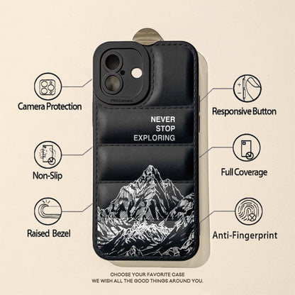 Never Stop Exploring Puffer Phone Case